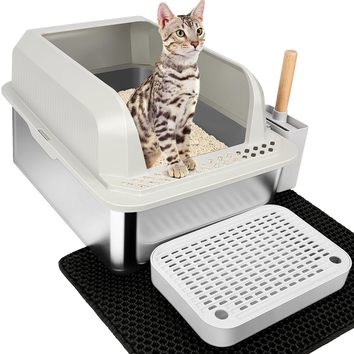 SZEE Stainless Steel Cat Litter Box – Extra Large with High Sides, Mat & Scoop